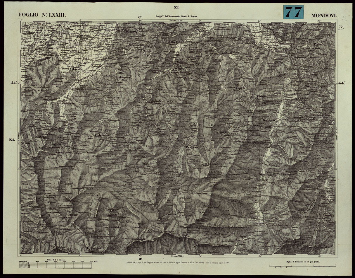 (N:24101) CARTA TOPOGRAFICA DEGLI STATI IN TERRAFERMA DI S.M. IL RE DI SARDEGNA ALLA SCALA DI 1A 50.000. OPERA DEL CORPO REALE DELLO STATO MAGGIORE - FOGLIO N.LXXIII MONDOVI (CA003661) Carte e stampe antiche: riproduzione a colori su carta (formato A1)