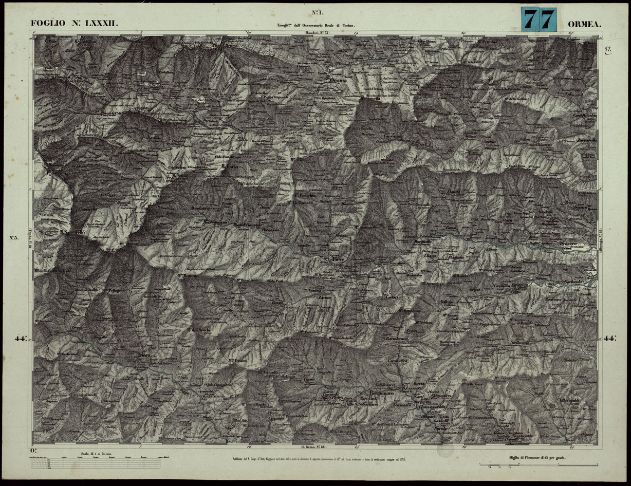 (N:24110) CARTA TOPOGRAFICA DEGLI STATI IN TERRAFERMA DI S.M. IL RE DI SARDEGNA ALLA SCALA DI 1A 50.000. OPERA DEL CORPO REALE DELLO STATO MAGGIORE - FOGLIO N.LXXXI ORMEA (CA003670) Carte e stampe antiche: riproduzione a colori su carta (formato A1)