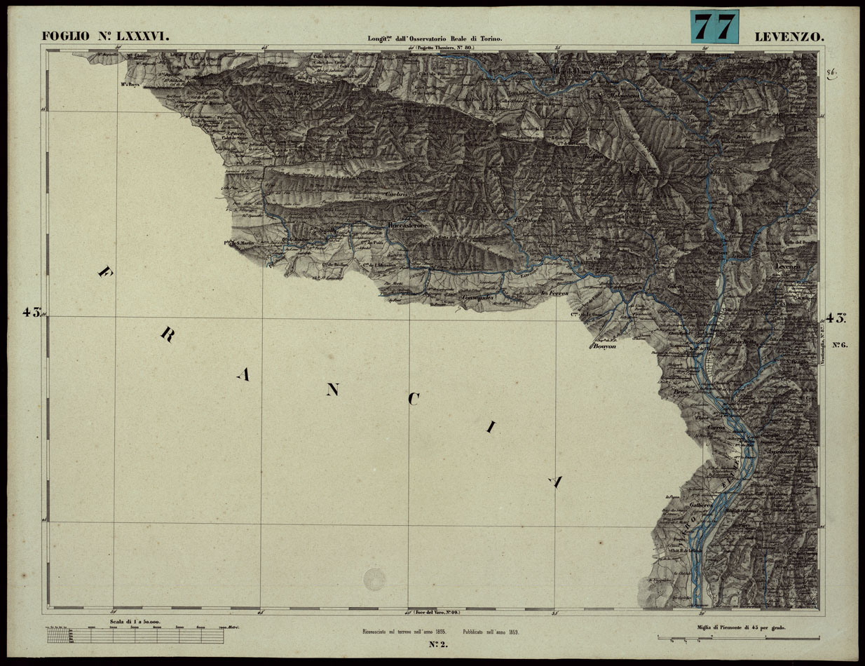 (N:24120) CARTA TOPOGRAFICA DEGLI STATI IN TERRAFERMA DI S.M. IL RE DI SARDEGNA ALLA SCALA DI 1A 50.000. OPERA DEL CORPO REALE DELLO STATO MAGGIORE - FOGLIO N.LXXXVI  LEVENZO (CA003674) Carte e stampe antiche: riproduzione a colori su carta (formato A1)