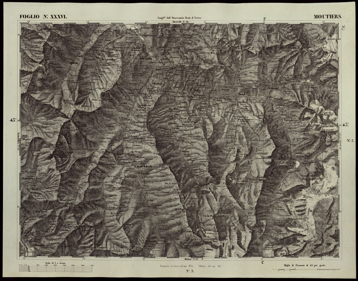 (N:24176) CARTA TOPOGRAFICA DEGLI STATI IN TERRAFERMA DI S.M. IL RE DI SARDEGNA ALLA SCALA DI 1A 50.000 OPERA DEL CORPO REALE DELLO STATO MAGGIORE RIVEDUTI E CORRETTI - FOGLIO N. XXXVI  MOUTIERS (CA003694) Carte e stampe antiche: riproduzione a colori su carta (formato A1)