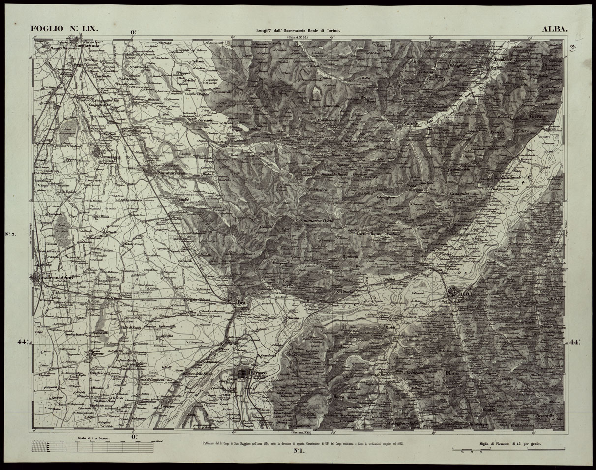 (N:24195) CARTA TOPOGRAFICA DEGLI STATI IN TERRAFERMA DI S.M. IL RE DI SARDEGNA ALLA SCALA DI 1A 50.000 OPERA DEL CORPO REALE DELLO STATO MAGGIORE RIVEDUTI E CORRETTI - FOGLIO N. LIX ALBA (CA003705) Carte e stampe antiche: riproduzione a colori su carta (formato A1)