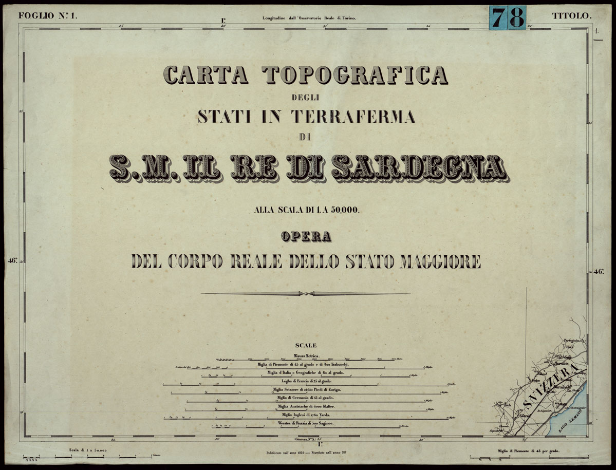 (N:24232) CARTA TOPOGRAFICA DEGLI STATI IN TERRAFERMA DI S.M. IL RE DI SARDEGNA ALLA SCALA DI 1.A 50.000. OPERA DEL CORPO REALE DELLO STATO MAGGIORE - FOGLIO N.1. TITOLO (CA003724) Carte e stampe antiche: riproduzione a colori su carta (formato A1)