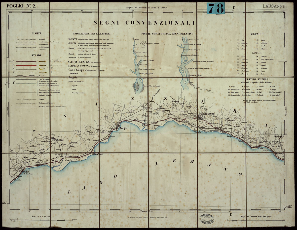 (N:24240) CARTA TOPOGRAFICA DEGLI STATI IN TERRAFERMA DI S.M. IL RE DI SARDEGNA ALLA SCALA DI 1.A 50.000. OPERA DEL CORPO REALE DELLO STATO MAGGIORE FOGLIO N.2. LAUSANNE (MONTATA SU TELA A STACCHI) (CA003725) Carte e stampe antiche: riproduzione a colori su carta (formato A1)