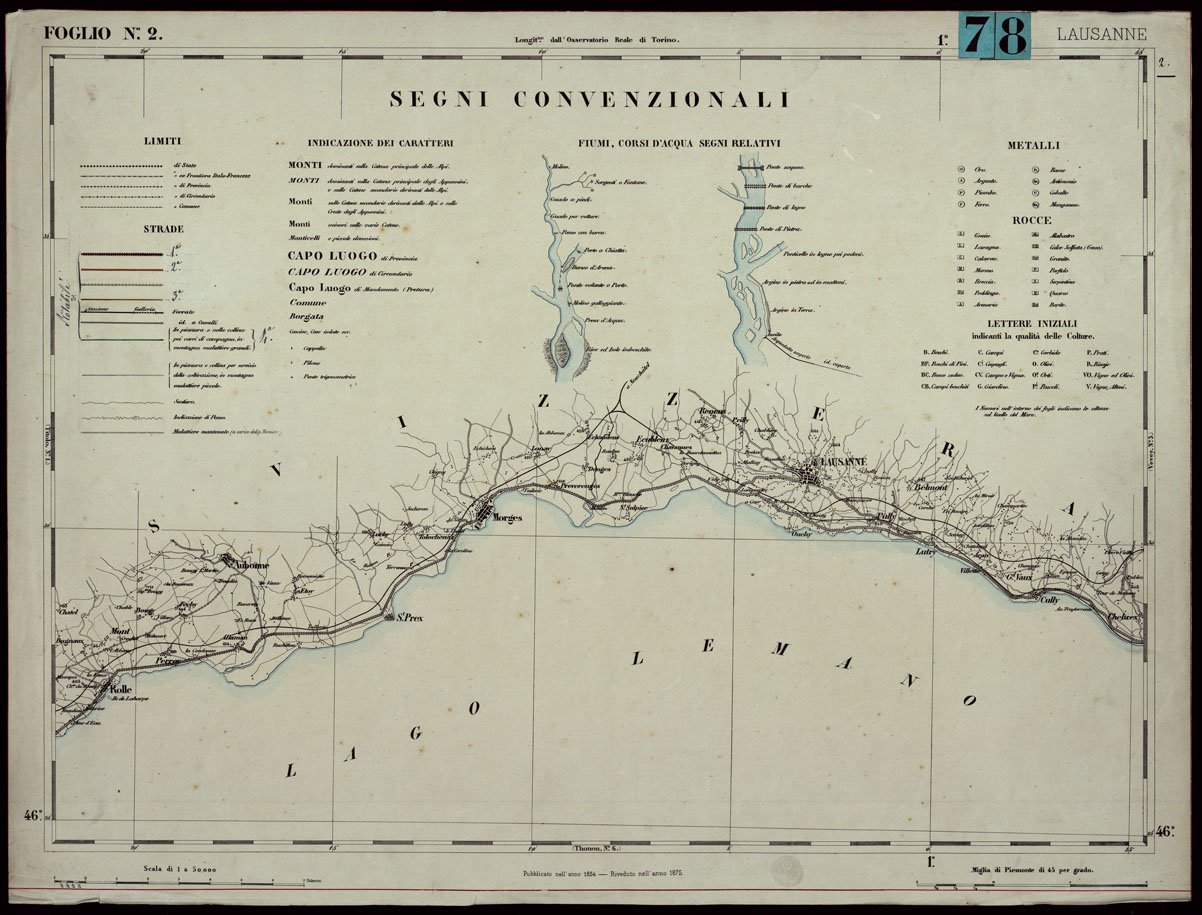 (N:24241) CARTA TOPOGRAFICA DEGLI STATI IN TERRAFERMA DI S.M. IL RE DI SARDEGNA ALLA SCALA DI 1.A 50.000. OPERA DEL CORPO REALE DELLO STATO MAGGIORE - FOGLIO N.2. LAUSANNE (CA003726) Carte e stampe antiche: riproduzione a colori su carta (formato A1)