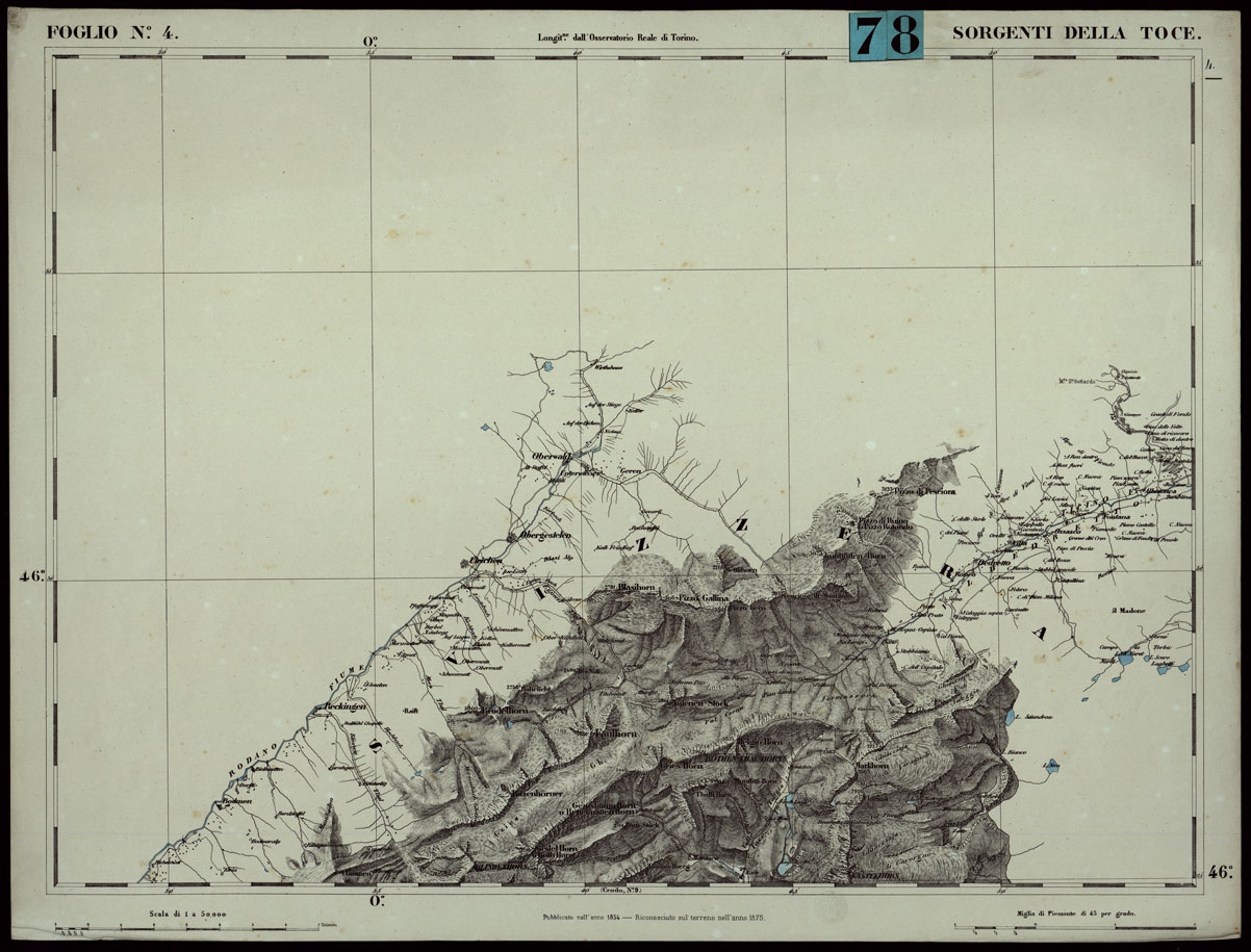 (N:24242) CARTA TOPOGRAFICA DEGLI STATI IN TERRAFERMA DI S.M. IL RE DI SARDEGNA ALLA SCALA DI 1.A 50.000. OPERA DEL CORPO REALE DELLO STATO MAGGIORE - FOGLIO N.4. SORGENTI DELLA TOCE + DOCUMENTO DI AGGIORNAMENTO (CA003727, CA003728) Carte e stampe antiche: riproduzione a colori su carta (formato A1)