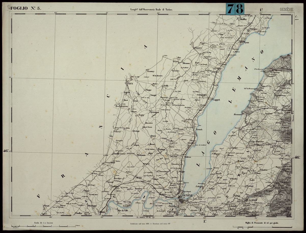 (N:24244) CARTA TOPOGRAFICA DEGLI STATI IN TERRAFERMA DI S.M. IL RE DI SARDEGNA ALLA SCALA DI 1.A 50.000. OPERA DEL CORPO REALE DELLO STATO MAGGIORE - FOGLIO N.5.  GENEVE (CA003729) Carte e stampe antiche: riproduzione a colori su carta (formato A1)