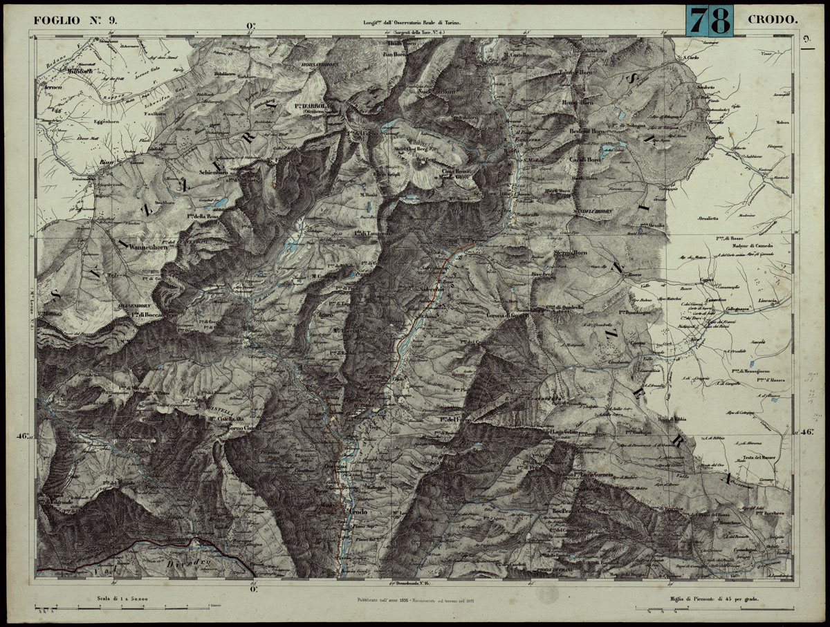 (N:24249) CARTA TOPOGRAFICA DEGLI STATI IN TERRAFERMA DI S.M. IL RE DI SARDEGNA ALLA SCALA DI 1.A 50.000. OPERA DEL CORPO REALE DELLO STATO MAGGIORE - FOGLIO N.9. CRODO + DOCUMENTO DI AGGIORNAMENTO PARTE OCCIDENTALE E ORIENTALE (CA003735, CA003734, CA003736) Carte e stampe antiche: riproduzione a colori su carta (formato A1)