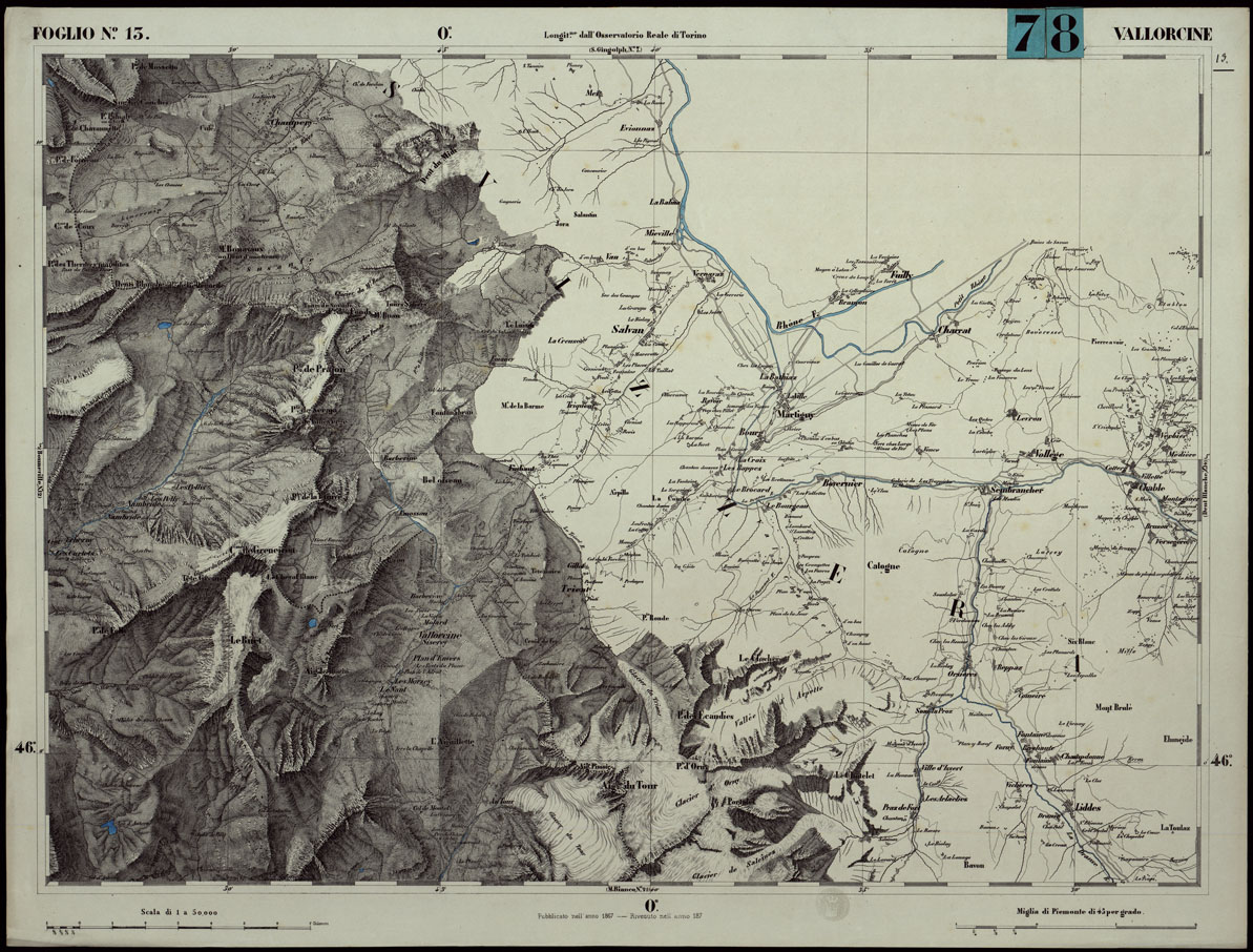 (N:24253) CARTA TOPOGRAFICA DEGLI STATI IN TERRAFERMA DI S.M. IL RE DI SARDEGNA ALLA SCALA DI 1.A 50.000. OPERA DEL CORPO REALE DELLO STATO MAGGIORE - FOGLIO N.13. VALLORCINE (CA003740) Carte e stampe antiche: riproduzione a colori su carta (formato A1)