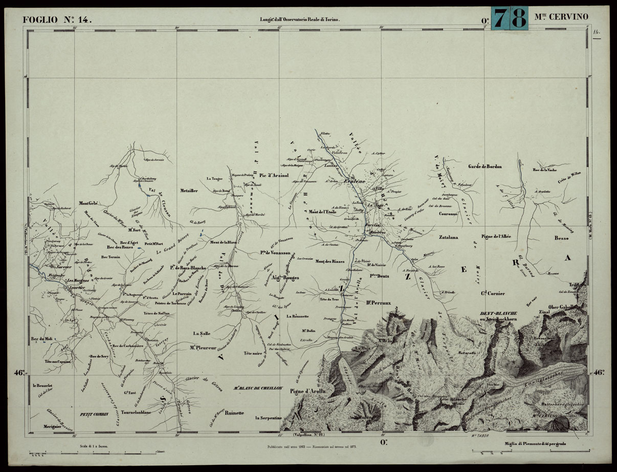 (N:24254) CARTA TOPOGRAFICA DEGLI STATI IN TERRAFERMA DI S.M. IL RE DI SARDEGNA ALLA SCALA DI 1.A 50.000. OPERA DEL CORPO REALE DELLO STATO MAGGIORE - FOGLIO N.14. MONTE CERVINO + DOCUMENTO DI AGGIORNAMENTO (CA003741, CA003742) Carte e stampe antiche: riproduzione a colori su carta (formato A1)