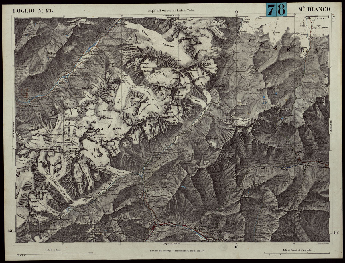 (N:24260) CARTA TOPOGRAFICA DEGLI STATI IN TERRAFERMA DI S.M. IL RE DI SARDEGNA ALLA SCALA DI 1.A 50.000. OPERA DEL CORPO REALE DELLO STATO MAGGIORE - FOGLIO N.21.  MONTE BIANCO (CA003752) Carte e stampe antiche: riproduzione a colori su carta (formato A1)