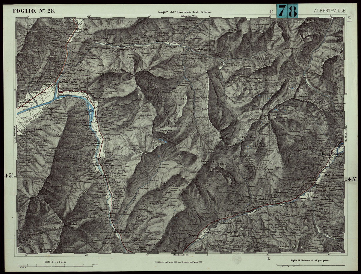 (N:24267) CARTA TOPOGRAFICA DEGLI STATI IN TERRAFERMA DI S.M. IL RE DI SARDEGNA ALLA SCALA DI 1.A 50.000. OPERA DEL CORPO REALE DELLO STATO MAGGIORE - FOGLIO N.28. ALBERT VILLE (CA003764) Carte e stampe antiche: riproduzione a colori su carta (formato A1)
