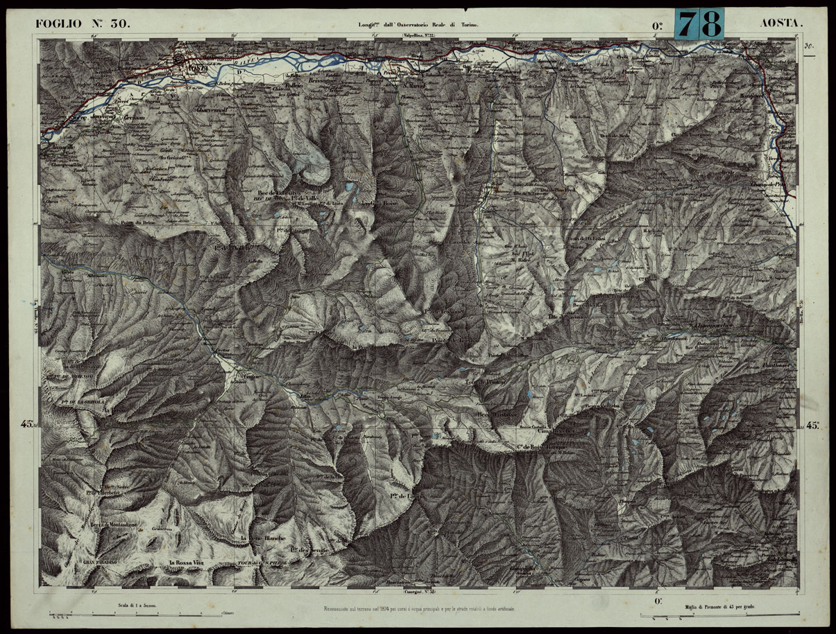 (N:24269) CARTA TOPOGRAFICA DEGLI STATI IN TERRAFERMA DI S.M. IL RE DI SARDEGNA ALLA SCALA DI 1.A 50.000. OPERA DEL CORPO REALE DELLO STATO MAGGIORE - FOGLIO N.30. AOSTA (CA003766) Carte e stampe antiche: riproduzione a colori su carta (formato A1)