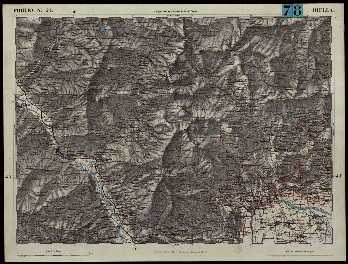 (N:24270) CARTA TOPOGRAFICA DEGLI STATI IN TERRAFERMA DI S.M. IL RE DI SARDEGNA ALLA SCALA DI 1.A 50.000. OPERA DEL CORPO REALE DELLO STATO MAGGIORE - FOGLIO N.31. BIELLA + DOCEMENTO DI AGGIORNAMENTO PARTE ORIENTALE (CA003767, CA003768) Carte e stampe antiche: riproduzione a colori su carta (formato A1)