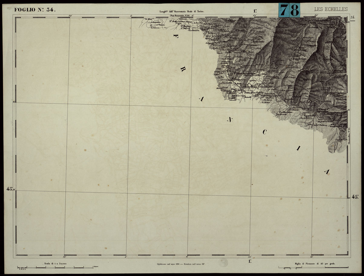 (N:24274) CARTA TOPOGRAFICA DEGLI STATI IN TERRAFERMA DI S.M. IL RE DI SARDEGNA ALLA SCALA DI 1.A 50.000. OPERA DEL CORPO REALE DELLO STATO MAGGIORE - FOGLIO N.34. LES ECHELLES (CA003774) Carte e stampe antiche: riproduzione a colori su carta (formato A1)
