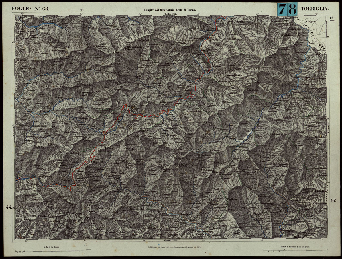 (N:24309) CARTA TOPOGRAFICA DEGLI STATI IN TERRAFERMA DI S.M. IL RE DI SARDEGNA ALLA SCALA DI 1.A 50.000. OPERA DEL CORPO REALE DELLO STATO MAGGIORE - FOGLIO N.68. - TORRIGLIA + DOCUMENTO DI AGGIORNAMENTO PARTE OCCIDENTALE E ORIENTALE (CA003835, CA003836, CA003837) Carte e stampe antiche: riproduzione a colori su carta (formato A1)