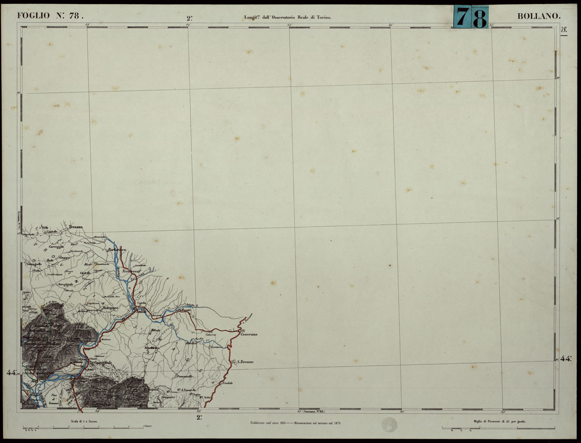 (N:24319) CARTA TOPOGRAFICA DEGLI STATI IN TERRAFERMA DI S.M. IL RE DI SARDEGNA ALLA SCALA DI 1.A 50.000. OPERA DEL CORPO REALE DELLO STATO MAGGIORE - FOGLIO N.78.  BOLLANO + DOCUMENTO DI AGGIORNAMENTO UNICO (CA003856, CA003857) Carte e stampe antiche: riproduzione a colori su carta (formato A1)