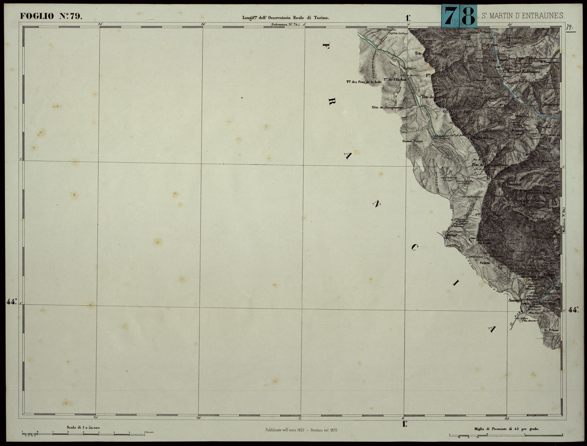 (N:24320) CARTA TOPOGRAFICA DEGLI STATI IN TERRAFERMA DI S.M. IL RE DI SARDEGNA ALLA SCALA DI 1.A 50.000. OPERA DEL CORPO REALE DELLO STATO MAGGIORE - FOGLIO N.79. SAN MARTIN D'ENTRAUNES (CA003858) Carte e stampe antiche: riproduzione a colori su carta (formato A1)