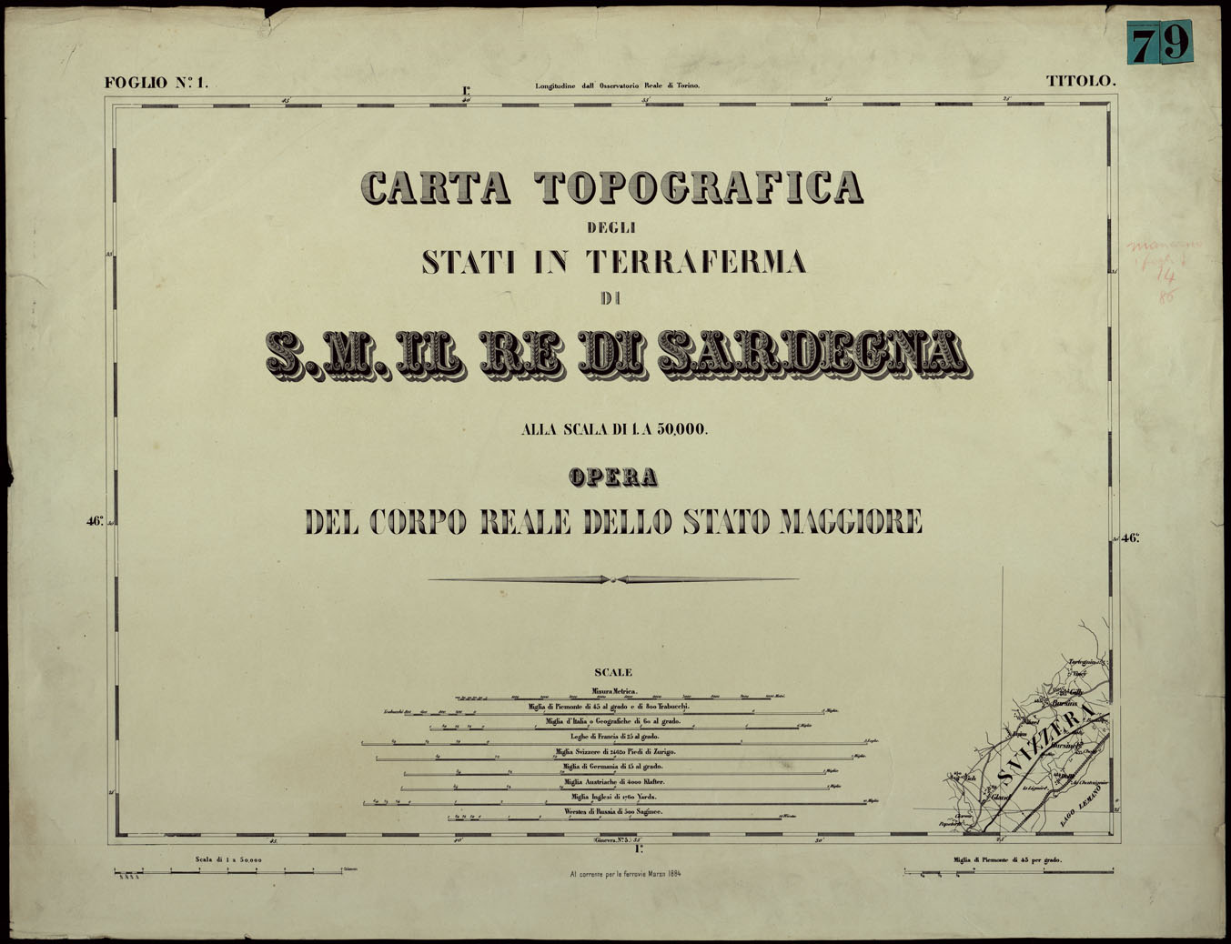 (N:24332) CARTA TOPOGRAFICA DEGLI STATI IN TERRAFERMA DI S.M. IL RE DI SARDEGNA ALLA SCALA DI 1.A 50.000. OPERA DEL CORPO REALE DELLO STATO MAGGIORE - FOGLIO N.1  TITOLO (CA003881) Carte e stampe antiche: riproduzione a colori su carta (formato A1)