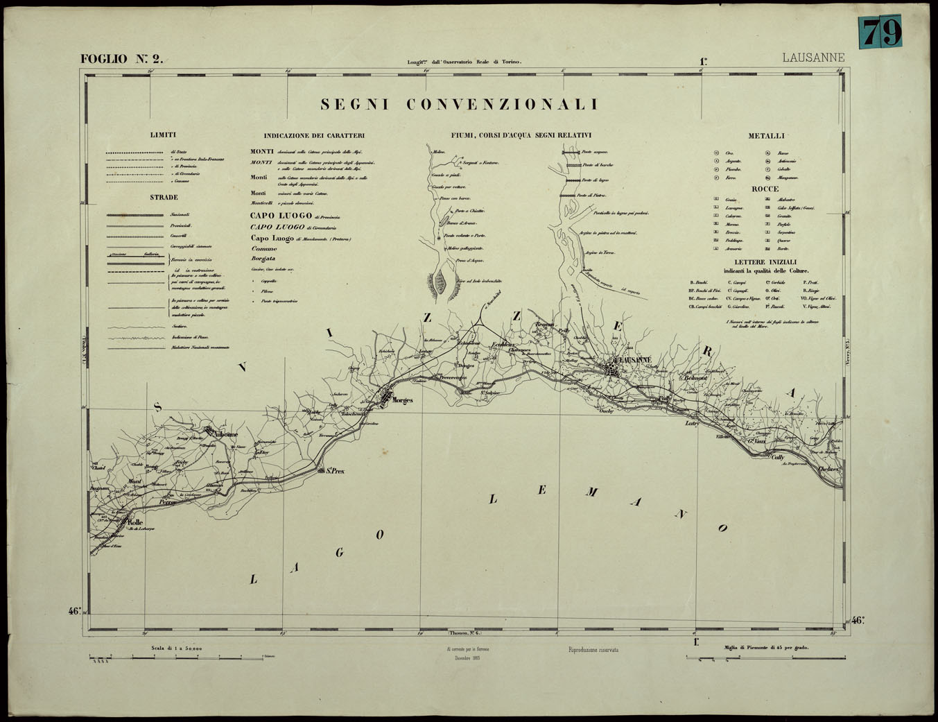 (N:24333) CARTA TOPOGRAFICA DEGLI STATI IN TERRAFERMA DI S.M. IL RE DI SARDEGNA ALLA SCALA DI 1.A 50.000. OPERA DEL CORPO REALE DELLO STATO MAGGIORE - FOGLIO N.2.  LAUSANNE (CA003882) Carte e stampe antiche: riproduzione a colori su carta (formato A1)