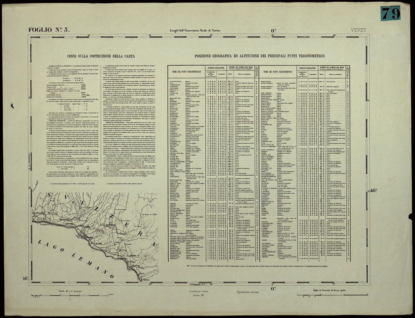 (N:24334) CARTA TOPOGRAFICA DEGLI STATI IN TERRAFERMA DI S.M. IL RE DI SARDEGNA ALLA SCALA DI 1.A 50.000. OPERA DEL CORPO REALE DELLO STATO MAGGIORE - FOGLIO N.3  VEVEY (CA003883) Carte e stampe antiche: riproduzione a colori su carta (formato A1)