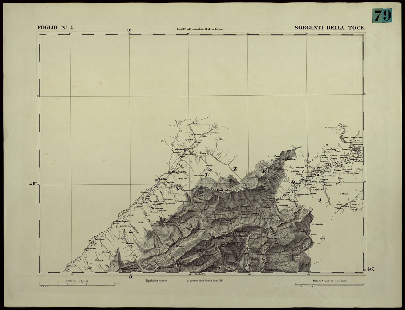 (N:24335) CARTA TOPOGRAFICA DEGLI STATI IN TERRAFERMA DI S.M. IL RE DI SARDEGNA ALLA SCALA DI 1.A 50.000. OPERA DEL CORPO REALE DELLO STATO MAGGIORE - FOGLIO N.4.  SORGENTI DELLA TOCE (CA003884) Carte e stampe antiche: riproduzione a colori su carta (formato A1)