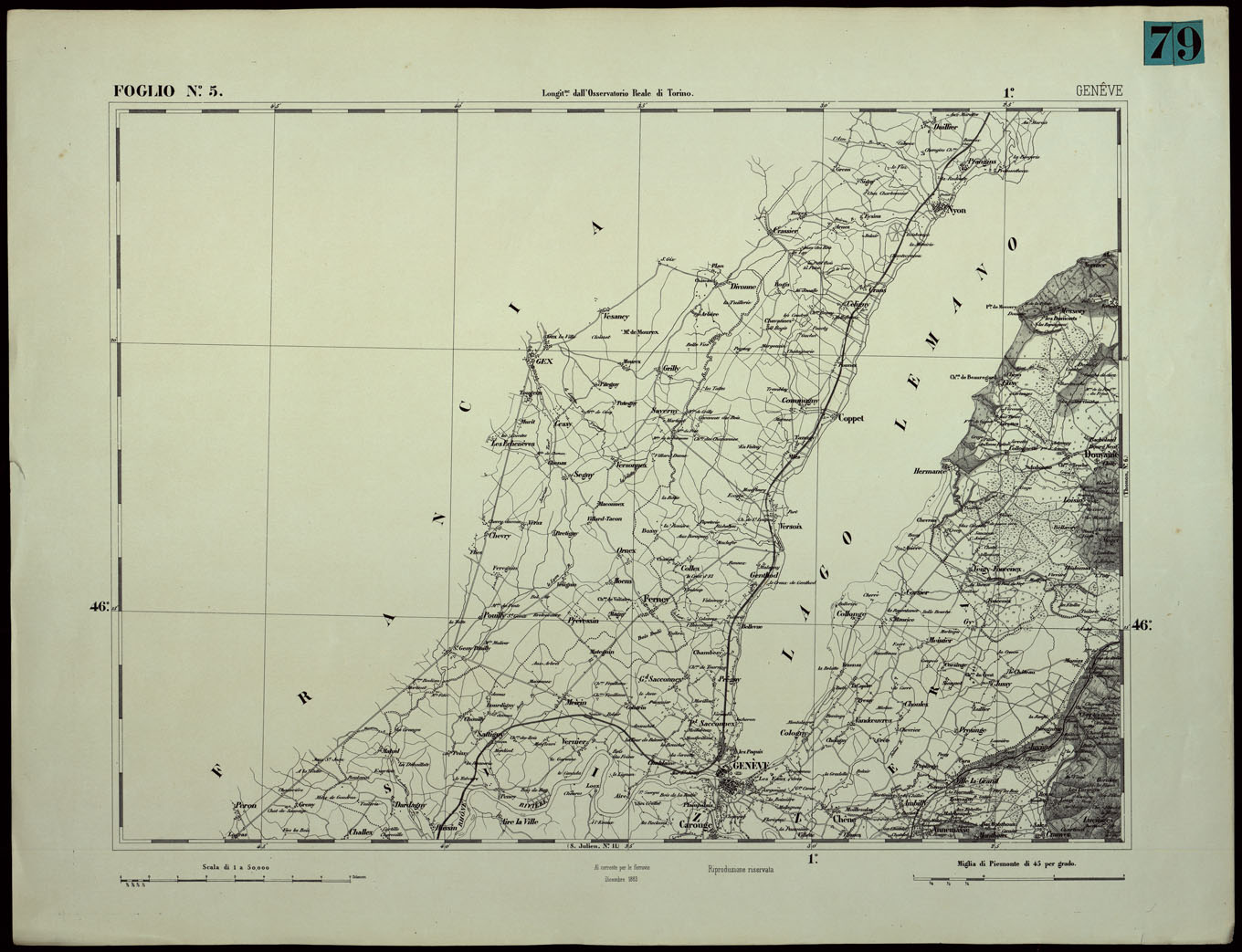(N:24336) CARTA TOPOGRAFICA DEGLI STATI IN TERRAFERMA DI S.M. IL RE DI SARDEGNA ALLA SCALA DI 1.A 50.000. OPERA DEL CORPO REALE DELLO STATO MAGGIORE - FOGLIO N.5.  GENEVE (CA003885) Carte e stampe antiche: riproduzione a colori su carta (formato A1)