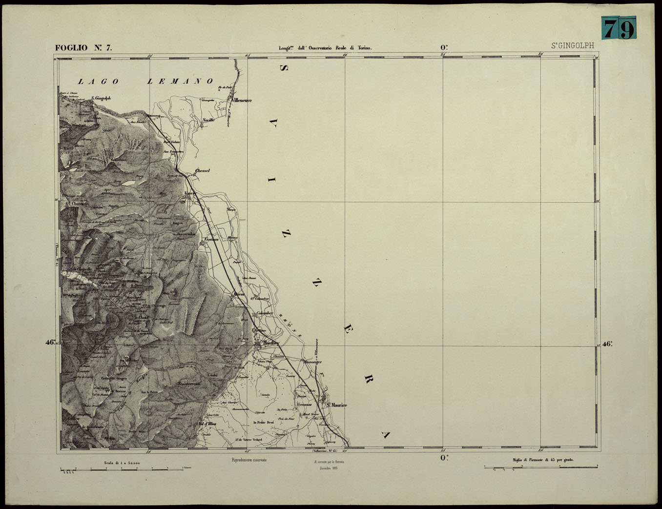 (N:24338) CARTA TOPOGRAFICA DEGLI STATI IN TERRAFERMA DI S.M. IL RE DI SARDEGNA ALLA SCALA DI 1.A 50.000. OPERA DEL CORPO REALE DELLO STATO MAGGIORE - FOGLIO N.7. SANT GINGOLPH (CA003887) Carte e stampe antiche: riproduzione a colori su carta (formato A1)