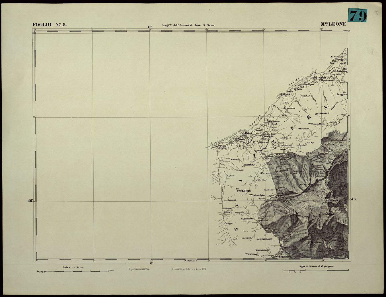 (N:24339) CARTA TOPOGRAFICA DEGLI STATI IN TERRAFERMA DI S.M. IL RE DI SARDEGNA ALLA SCALA DI 1.A 50.000. OPERA DEL CORPO REALE DELLO STATO MAGGIORE - FOGLIO N.8. MONTE LEONE (CA003888) Carte e stampe antiche: riproduzione a colori su carta (formato A1)