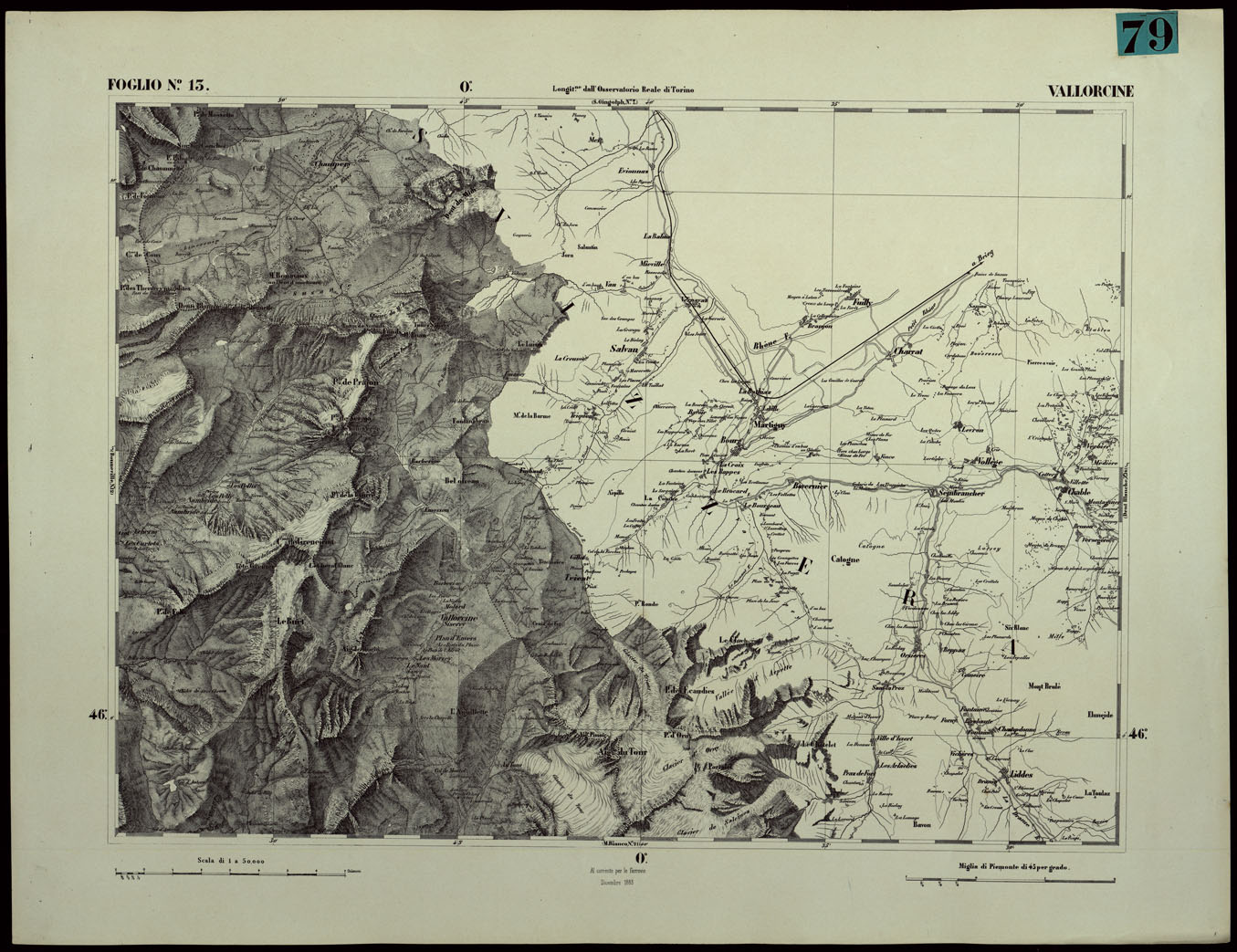 (N:24344) CARTA TOPOGRAFICA DEGLI STATI IN TERRAFERMA DI S.M. IL RE DI SARDEGNA ALLA SCALA DI 1.A 50.000. OPERA DEL CORPO REALE DELLO STATO MAGGIORE - FOGLIO N.13.  VALLORCINE (CA003893) Carte e stampe antiche: riproduzione a colori su carta (formato A1)