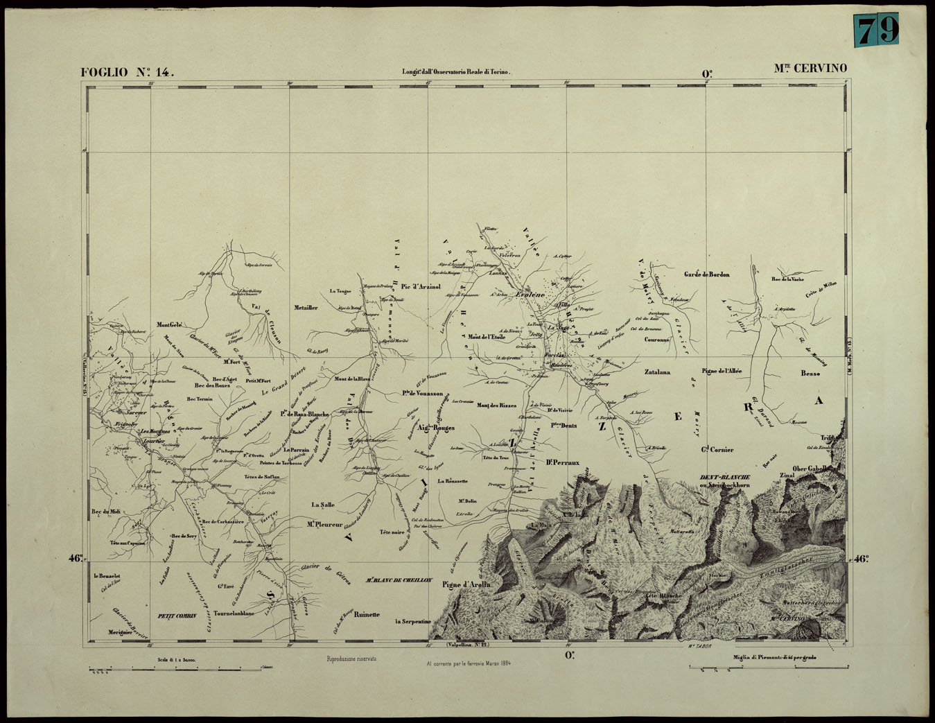 (N:24345) CARTA TOPOGRAFICA DEGLI STATI IN TERRAFERMA DI S.M. IL RE DI SARDEGNA ALLA SCALA DI 1.A 50.000. OPERA DEL CORPO REALE DELLO STATO MAGGIORE - FOGLIO N.14  MONTE CERVINO (CA003894) Carte e stampe antiche: riproduzione a colori su carta (formato A1)