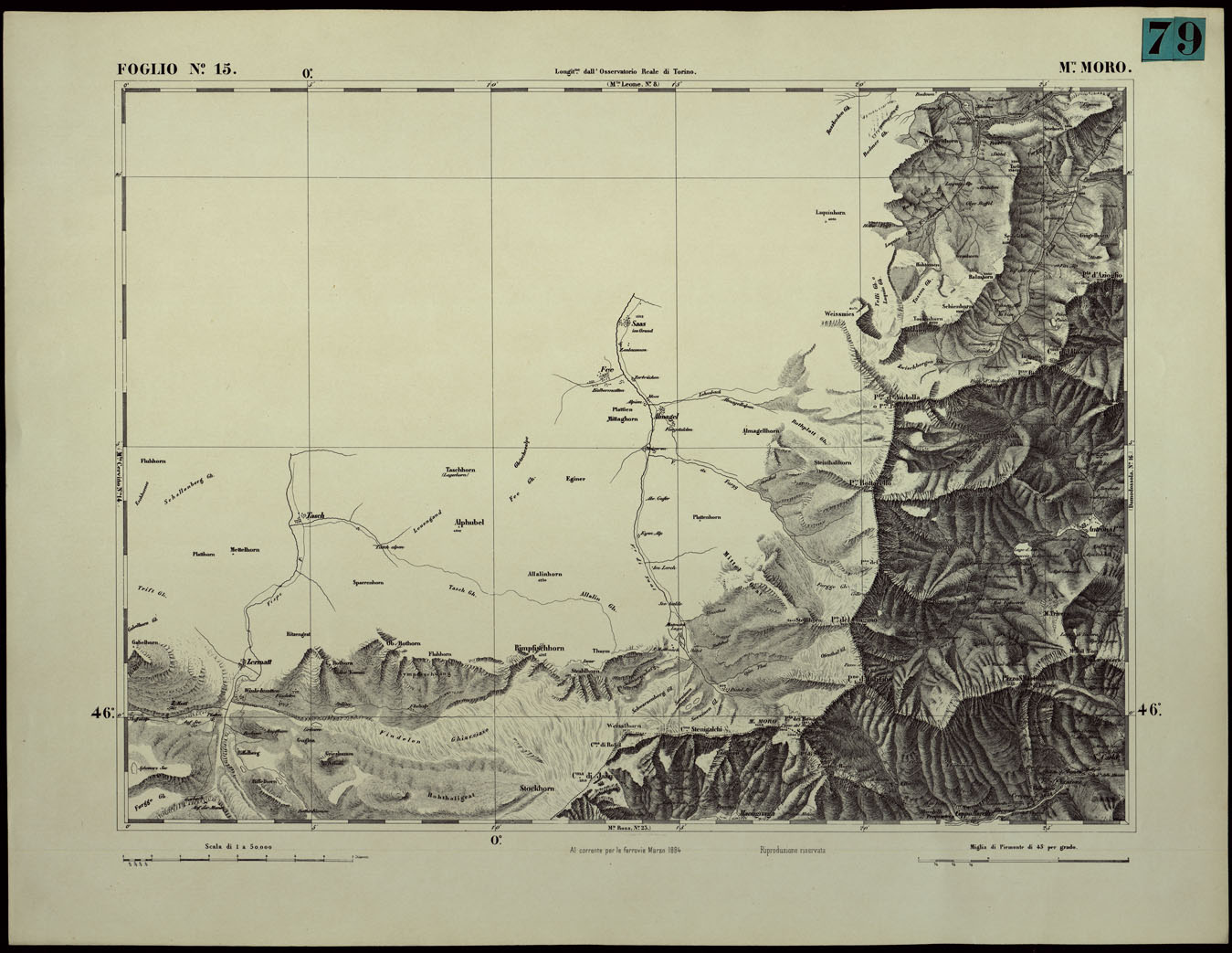 (N:24346) CARTA TOPOGRAFICA DEGLI STATI IN TERRAFERMA DI S.M. IL RE DI SARDEGNA ALLA SCALA DI 1.A 50.000. OPERA DEL CORPO REALE DELLO STATO MAGGIORE - FOGLIO N.15. MONTE MORO (CA003895) Carte e stampe antiche: riproduzione a colori su carta (formato A1)