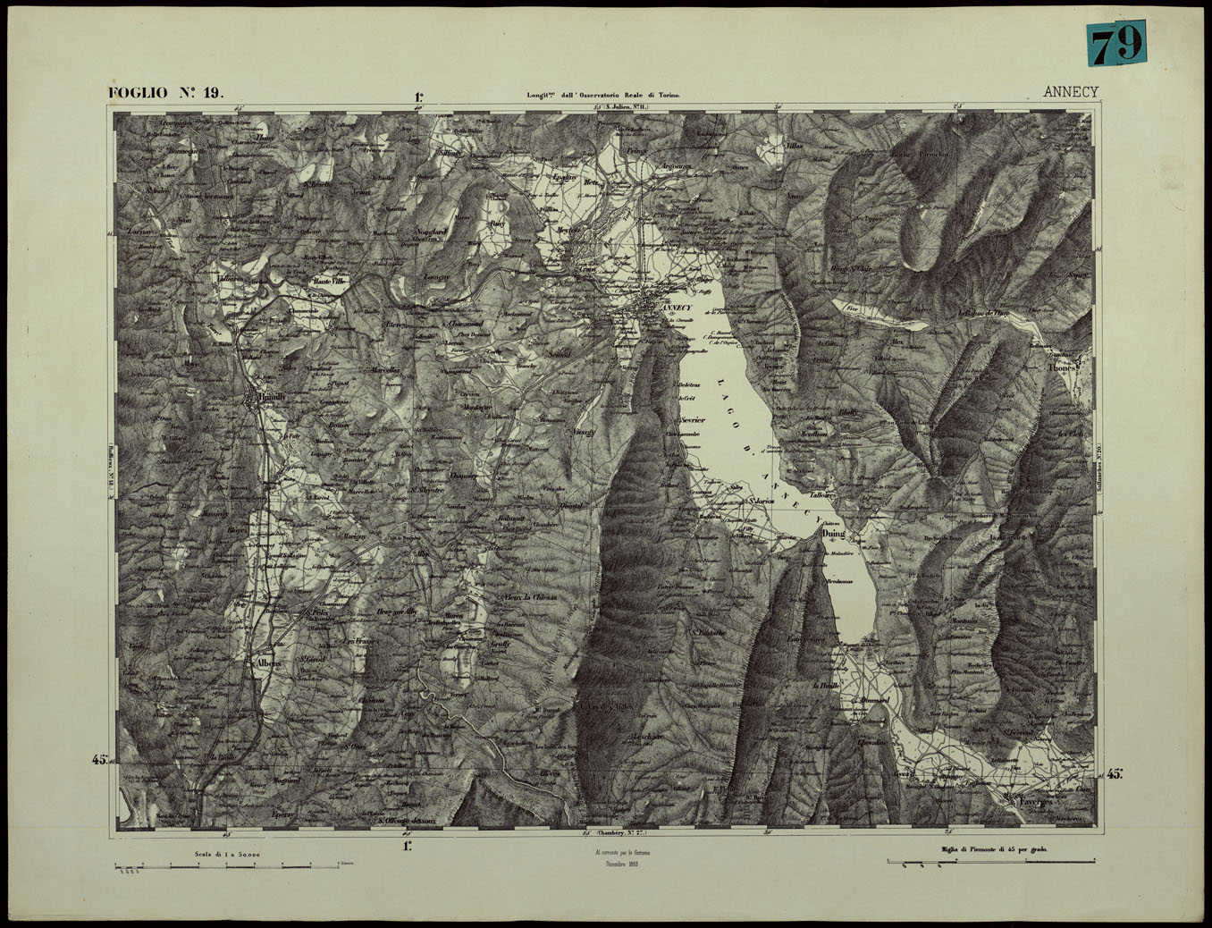 (N:24350) CARTA TOPOGRAFICA DEGLI STATI IN TERRAFERMA DI S.M. IL RE DI SARDEGNA ALLA SCALA DI 1.A 50.000. OPERA DEL CORPO REALE DELLO STATO MAGGIORE - FOGLIO N.19. ANNECY (CA003899) Carte e stampe antiche: riproduzione a colori su carta (formato A1)