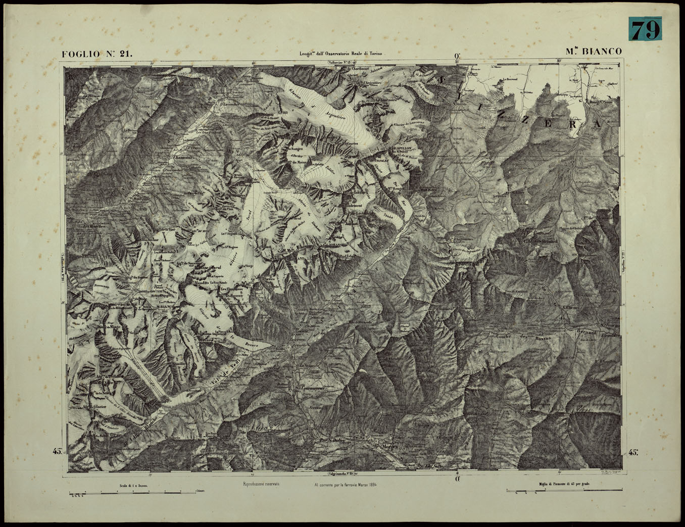 (N:24352) CARTA TOPOGRAFICA DEGLI STATI IN TERRAFERMA DI S.M. IL RE DI SARDEGNA ALLA SCALA DI 1.A 50.000. OPERA DEL CORPO REALE DELLO STATO MAGGIORE - FOGLIO N.21. MONTE BIANCO (CA003901) Carte e stampe antiche: riproduzione a colori su carta (formato A1)