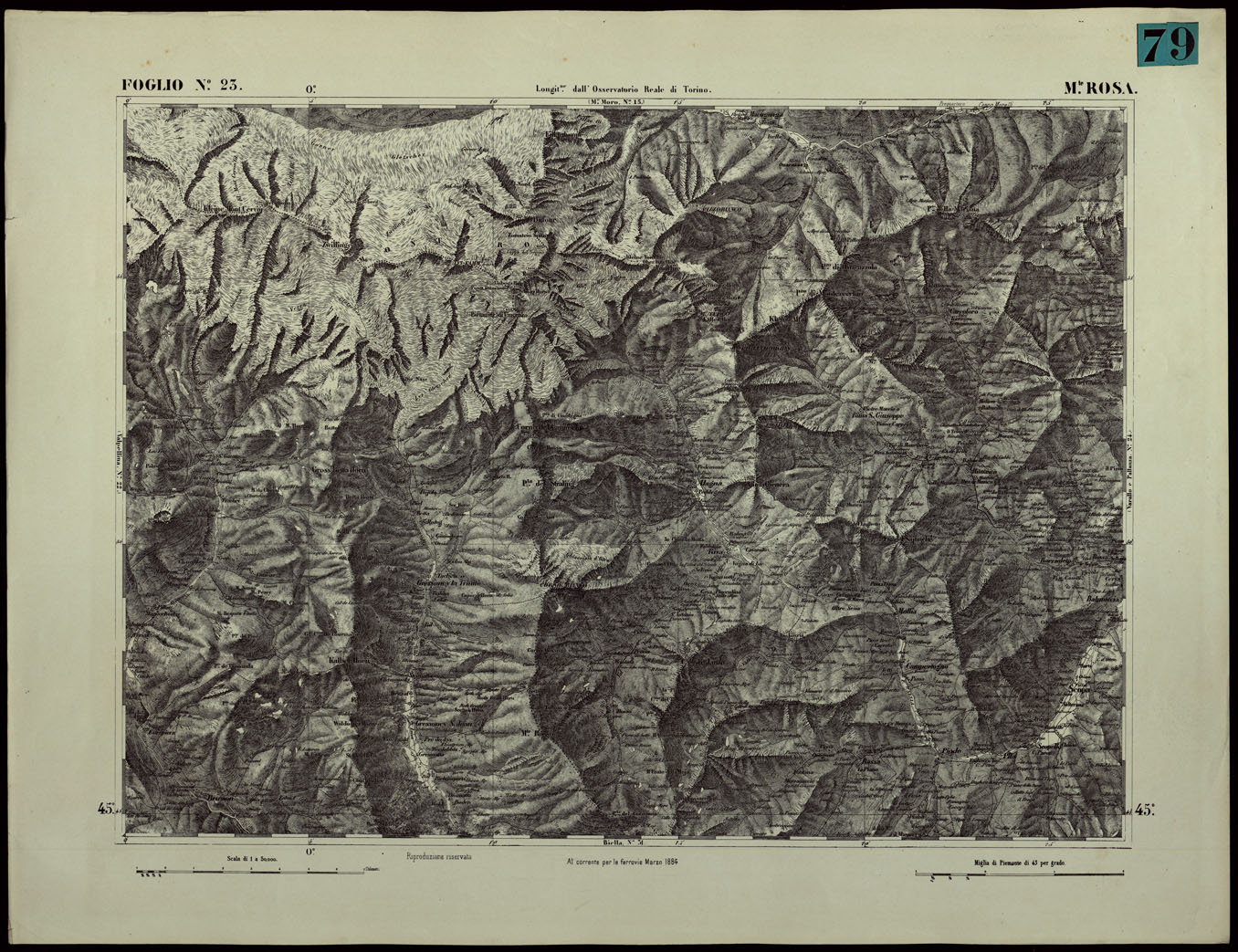 (N:24354) CARTA TOPOGRAFICA DEGLI STATI IN TERRAFERMA DI S.M. IL RE DI SARDEGNA ALLA SCALA DI 1.A 50.000. OPERA DEL CORPO REALE DELLO STATO MAGGIORE - FOGLIO N.23.  MONTE ROSA (CA003903) Carte e stampe antiche: riproduzione a colori su carta (formato A1)