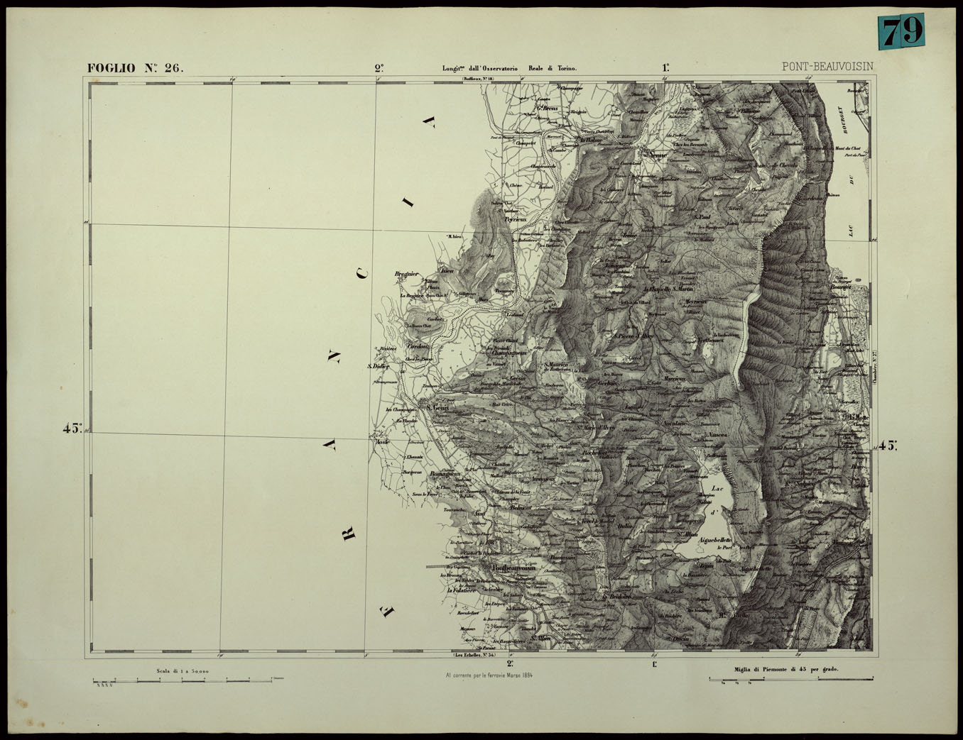 (N:24357) CARTA TOPOGRAFICA DEGLI STATI IN TERRAFERMA DI S.M. IL RE DI SARDEGNA ALLA SCALA DI 1.A 50.000. OPERA DEL CORPO REALE DELLO STATO MAGGIORE - FOGLIO N.26.  PONT-BEAUVOISIN (CA003906) Carte e stampe antiche: riproduzione a colori su carta (formato A1)