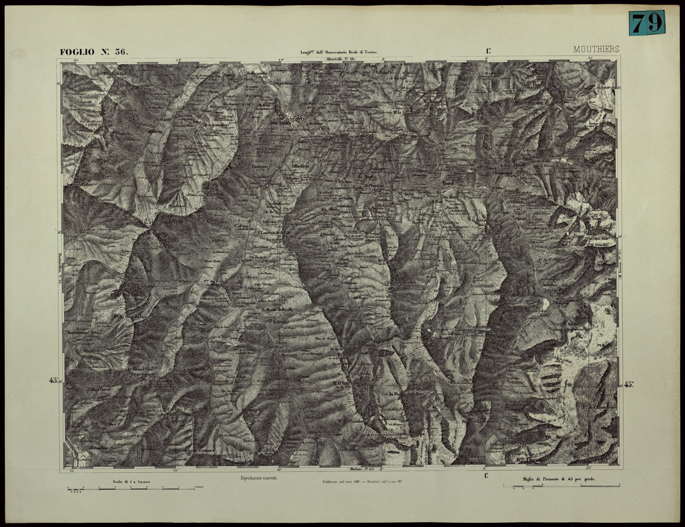 (N:24367) CARTA TOPOGRAFICA DEGLI STATI IN TERRAFERMA DI S.M. IL RE DI SARDEGNA ALLA SCALA DI 1.A 50.000. OPERA DEL CORPO REALE DELLO STATO MAGGIORE - FOGLIO N.36.  MOUTHIERS (CA003916) Carte e stampe antiche: riproduzione a colori su carta (formato A1)