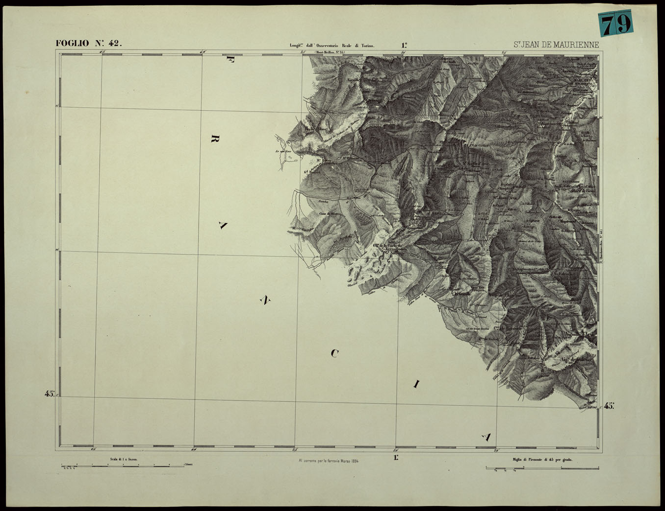 (N:24373) CARTA TOPOGRAFICA DEGLI STATI IN TERRAFERMA DI S.M. IL RE DI SARDEGNA ALLA SCALA DI 1.A 50.000. OPERA DEL CORPO REALE DELLO STATO MAGGIORE - FOGLIO N.42.  SANT JEAN DE MAURIENNE (CA003922) Carte e stampe antiche: riproduzione a colori su carta (formato A1)