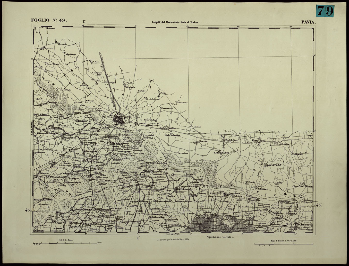 (N:24380) CARTA TOPOGRAFICA DEGLI STATI IN TERRAFERMA DI S.M. IL RE DI SARDEGNA ALLA SCALA DI 1.A 50.000. OPERA DEL CORPO REALE DELLO STATO MAGGIORE - FOGLIO N.49. PAVIA (CA003929) Carte e stampe antiche: riproduzione a colori su carta (formato A1)