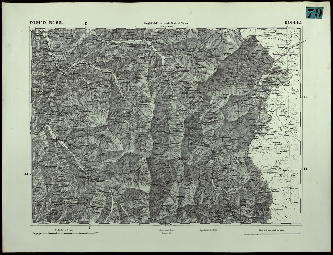 (N:24393) CARTA TOPOGRAFICA DEGLI STATI IN TERRAFERMA DI S.M. IL RE DI SARDEGNA ALLA SCALA DI 1.A 50.000. OPERA DEL CORPO REALE DELLO STATO MAGGIORE - FOGLIO N.62. BOBBIO (CA003942) Carte e stampe antiche: riproduzione a colori su carta (formato A1)