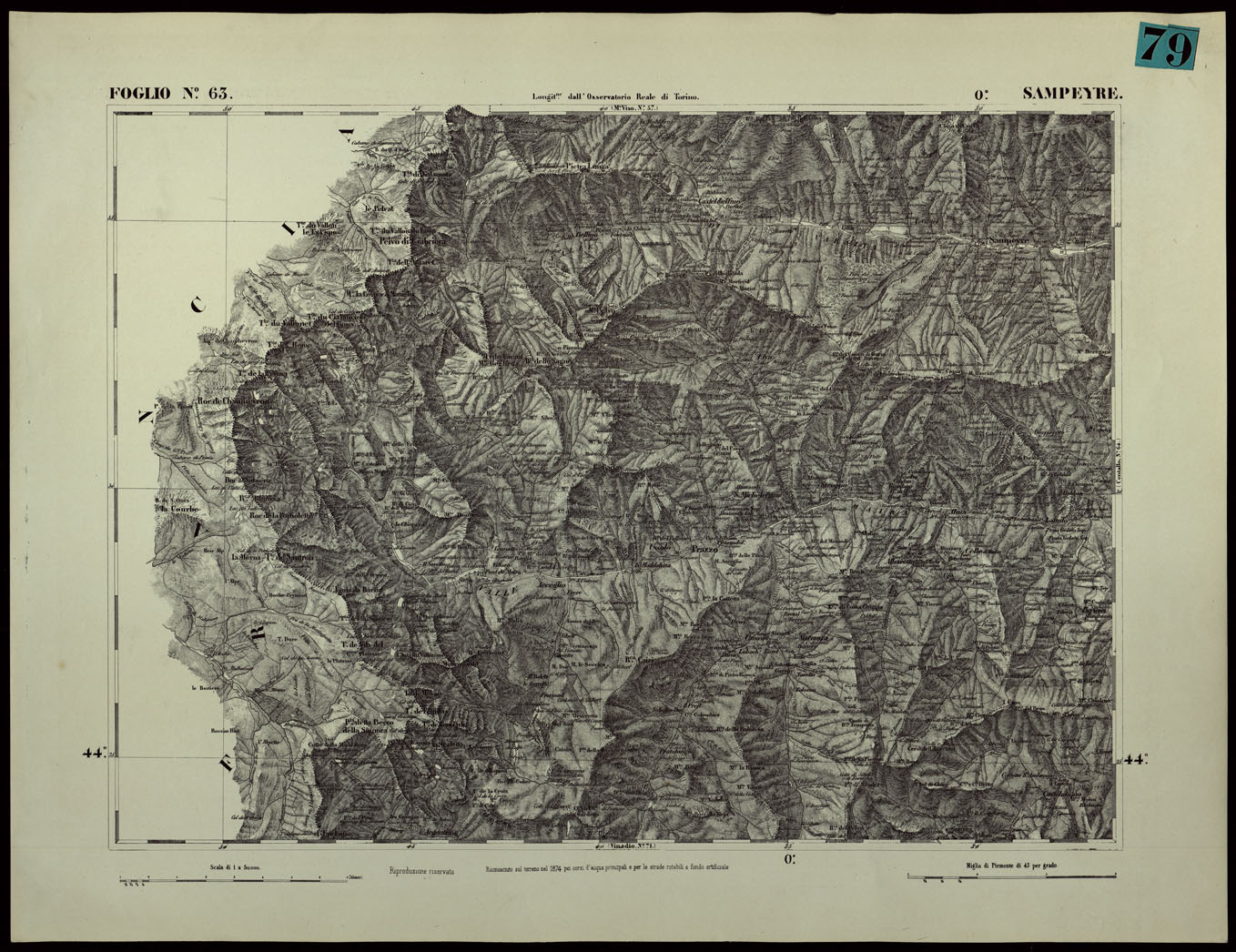 (N:24394) CARTA TOPOGRAFICA DEGLI STATI IN TERRAFERMA DI S.M. IL RE DI SARDEGNA ALLA SCALA DI 1.A 50.000. OPERA DEL CORPO REALE DELLO STATO MAGGIORE - FOGLIO N.63.  SAMPEYRE (CA003943) Carte e stampe antiche: riproduzione a colori su carta (formato A1)