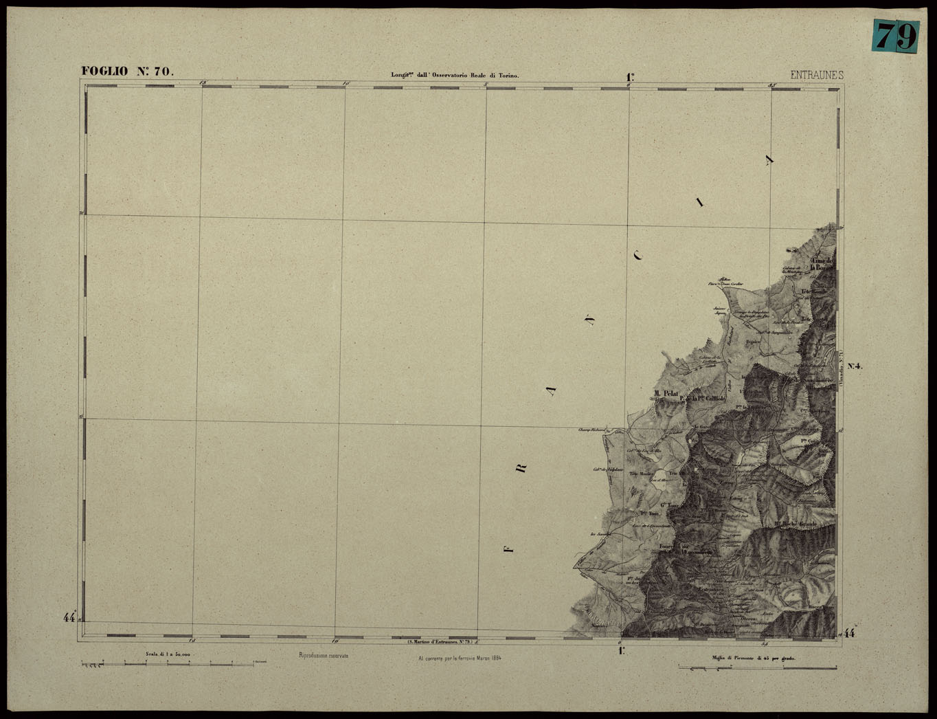 (N:24401) CARTA TOPOGRAFICA DEGLI STATI IN TERRAFERMA DI S.M. IL RE DI SARDEGNA ALLA SCALA DI 1.A 50.000. OPERA DEL CORPO REALE DELLO STATO MAGGIORE - FOGLIO N.70.  ENTRAUNES (CA003950) Carte e stampe antiche: riproduzione a colori su carta (formato A1)