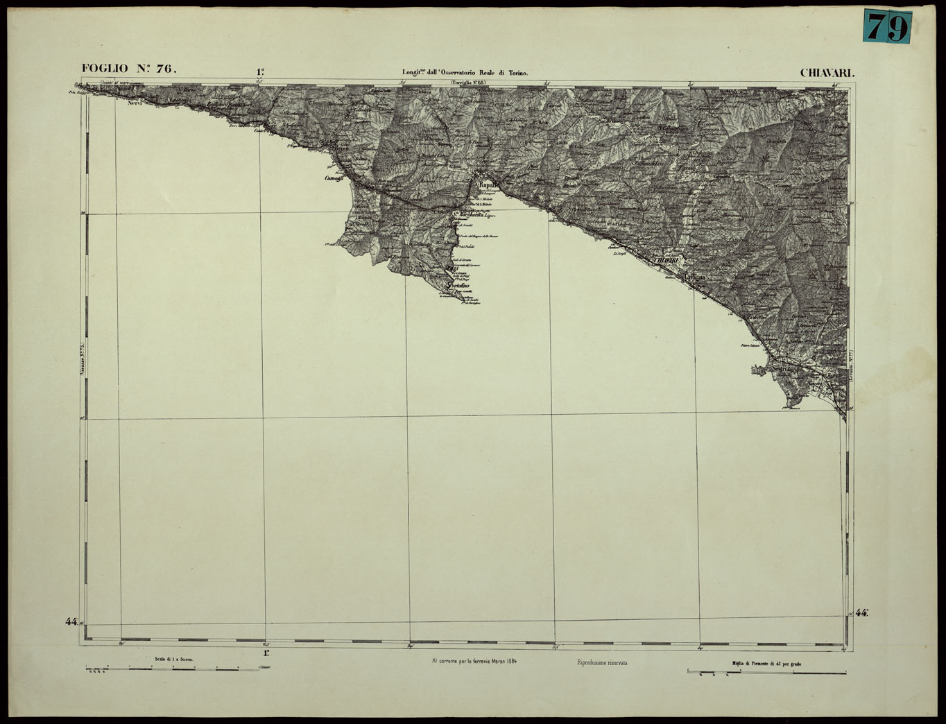 (N:24407) CARTA TOPOGRAFICA DEGLI STATI IN TERRAFERMA DI S.M. IL RE DI SARDEGNA ALLA SCALA DI 1.A 50.000. OPERA DEL CORPO REALE DELLO STATO MAGGIORE - FOGLIO N.76. CHIAVARI (CA003956) Carte e stampe antiche: riproduzione a colori su carta (formato A1)