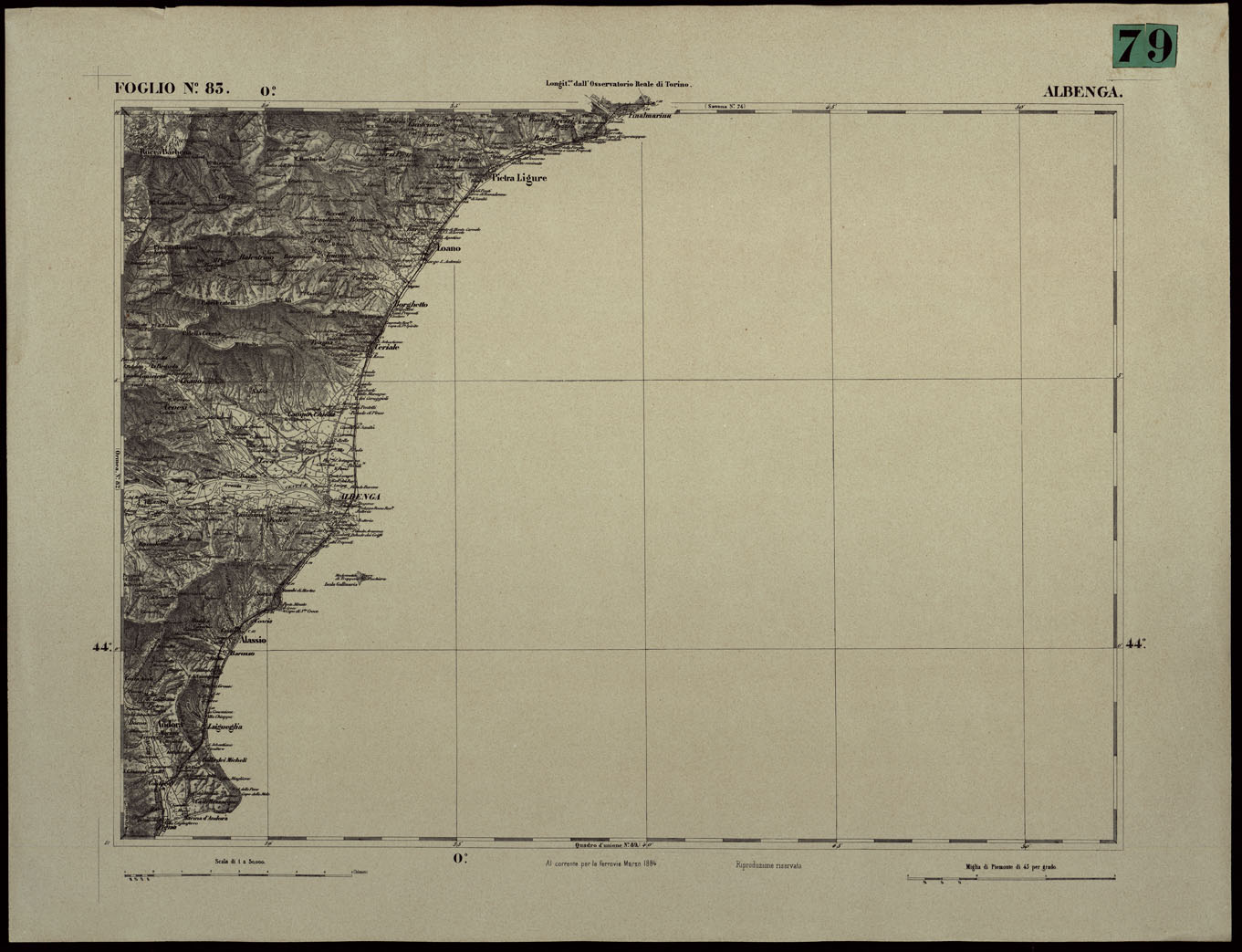 (N:24414) CARTA TOPOGRAFICA DEGLI STATI IN TERRAFERMA DI S.M. IL RE DI SARDEGNA ALLA SCALA DI 1.A 50.000. OPERA DEL CORPO REALE DELLO STATO MAGGIORE - FOGLIO N.83. ALBENGA (CA003963) Carte e stampe antiche: riproduzione a colori su carta (formato A1)