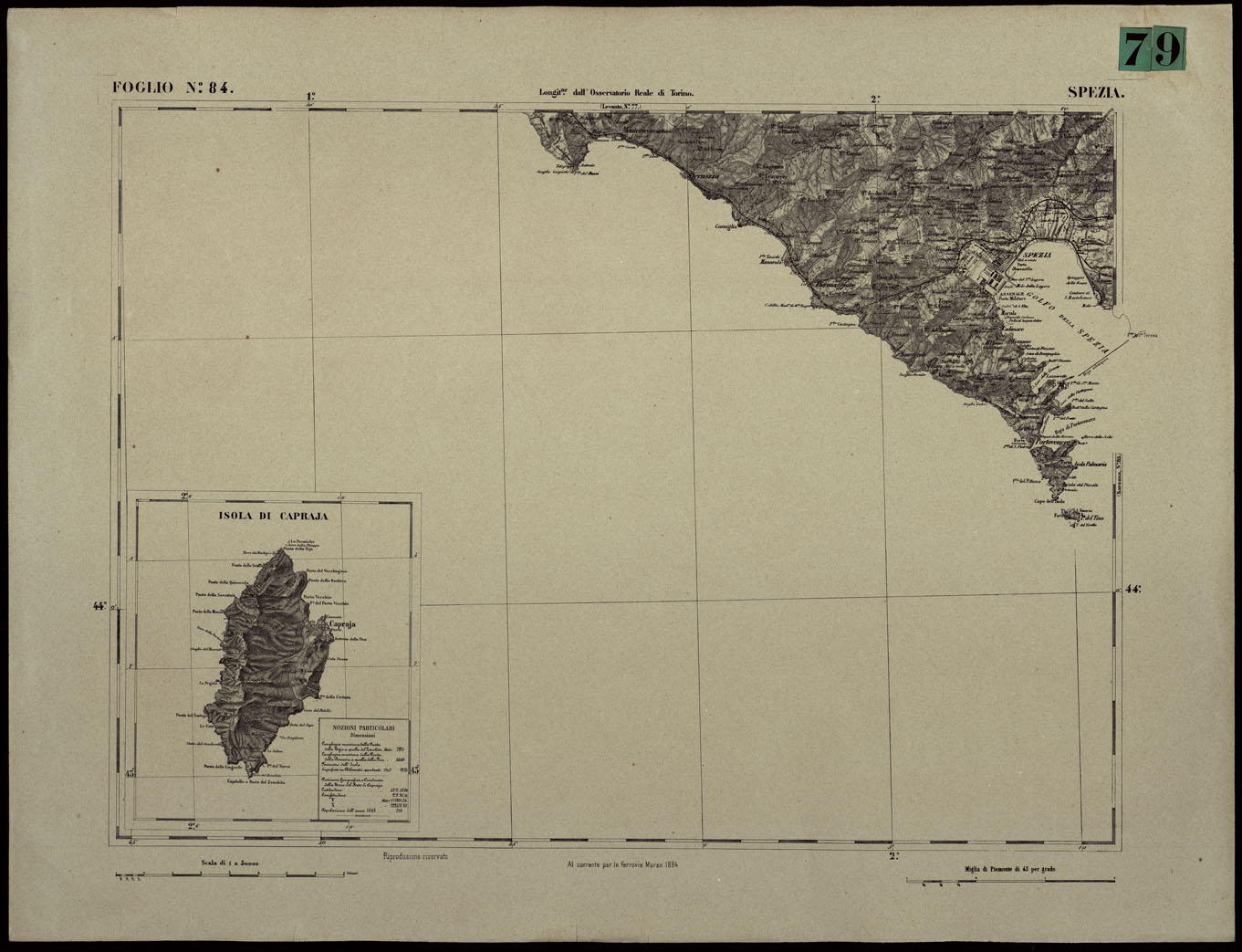 (N:24415) CARTA TOPOGRAFICA DEGLI STATI IN TERRAFERMA DI S.M. IL RE DI SARDEGNA ALLA SCALA DI 1.A 50.000. OPERA DEL CORPO REALE DELLO STATO MAGGIORE - FOGLIO N.84 SPEZIA (CA003964) Carte e stampe antiche: riproduzione a colori su carta (formato A1)