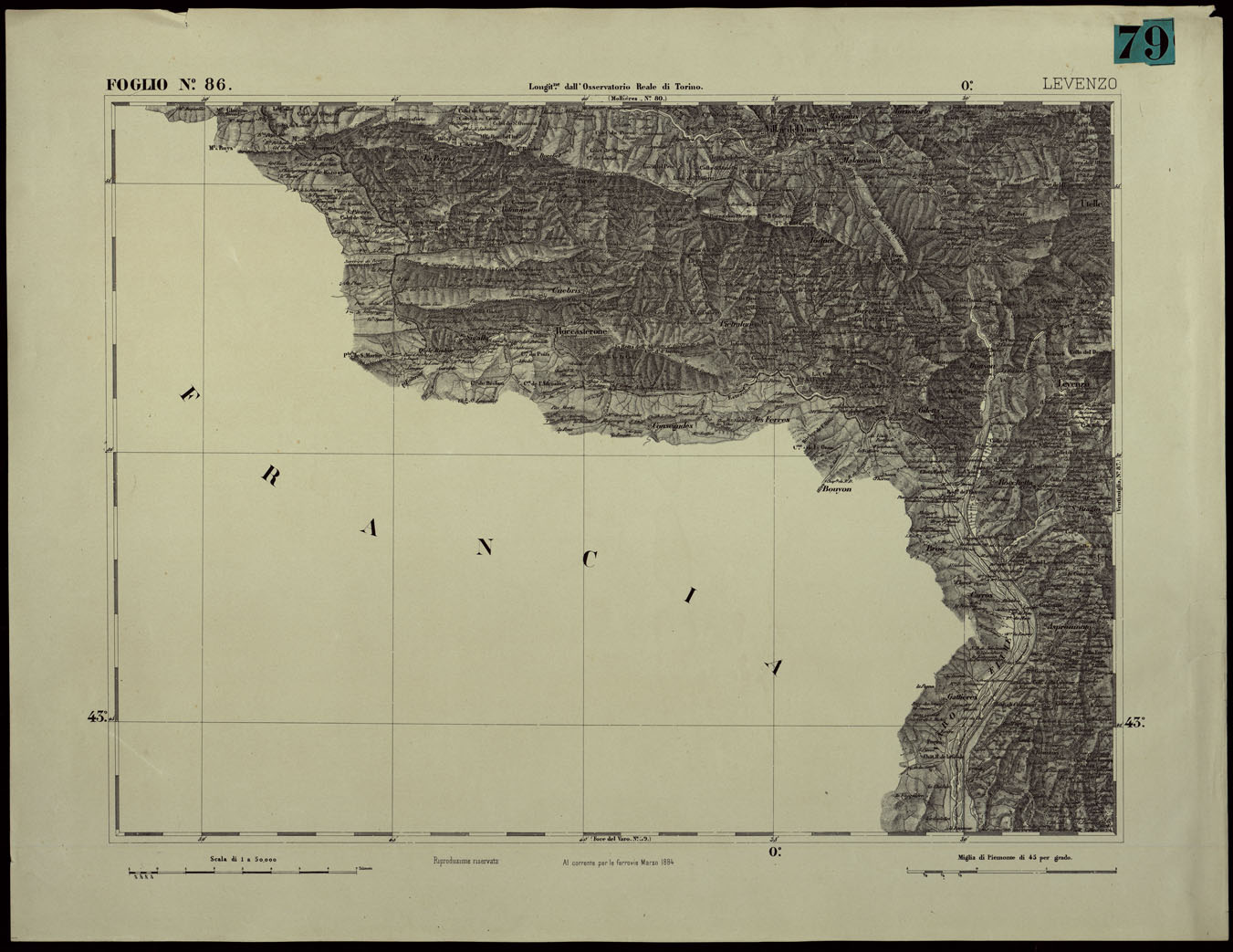 (N:24417) CARTA TOPOGRAFICA DEGLI STATI IN TERRAFERMA DI S.M. IL RE DI SARDEGNA ALLA SCALA DI 1.A 50.000. OPERA DEL CORPO REALE DELLO STATO MAGGIORE - FOGLIO N.86.  LEVENZO (CA003966) Carte e stampe antiche: riproduzione a colori su carta (formato A1)