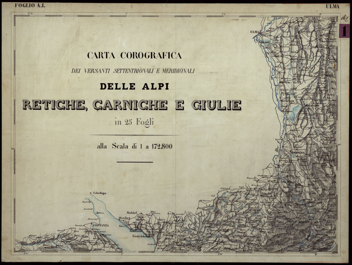 (N:103) CARTA COROGRAFICA DEI VERSANTI SETTENTRIONALI E MERIDIONALI DELLE ALPI RETICHE CARNICHE E GIULIE IN 25 FOGLI - FOGLIO A1 ULMA (CA003999) Carte e stampe antiche: riproduzione a colori su carta (formato A1)