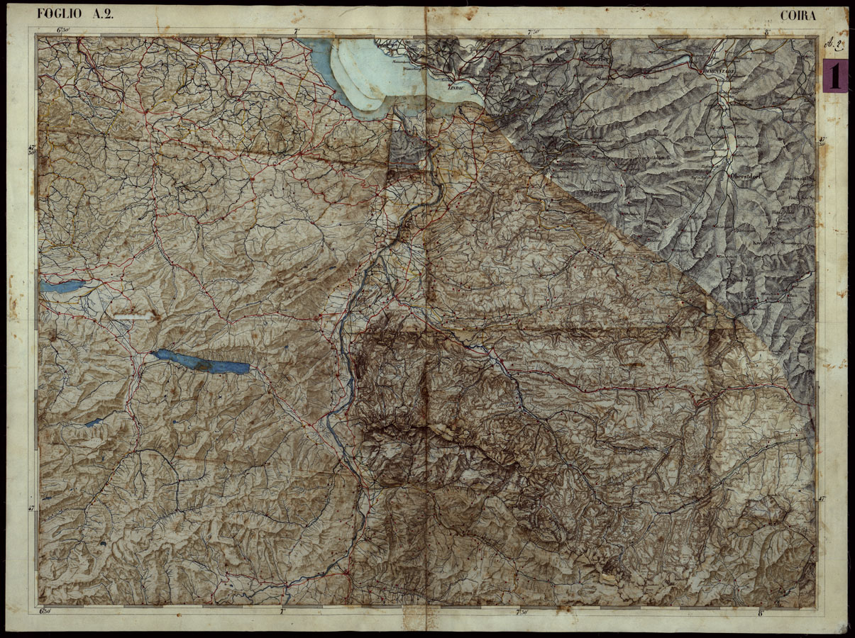 (N:104) CARTA COROGRAFICA DEI VERSANTI SETTENTRIONALI E MERIDIONALI DELLE ALPI RETICHE CARNICHE E GIULIE IN 25 FOGLI - FOGLIO A.2 COIRA (CA004000) Carte e stampe antiche: riproduzione a colori su carta (formato A1)