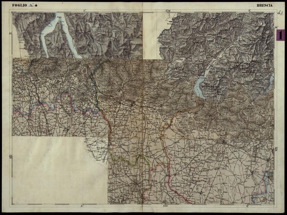 (N:106) CARTA COROGRAFICA DEI VERSANTI SETTENTRIONALI E MERIDIONALI DELLE ALPI RETICHE CARNICHE E GIULIE IN 25 FOGLI - FOGLIO A.4 BRESCIA (CA004002) Carte e stampe antiche: riproduzione a colori su carta (formato A1)