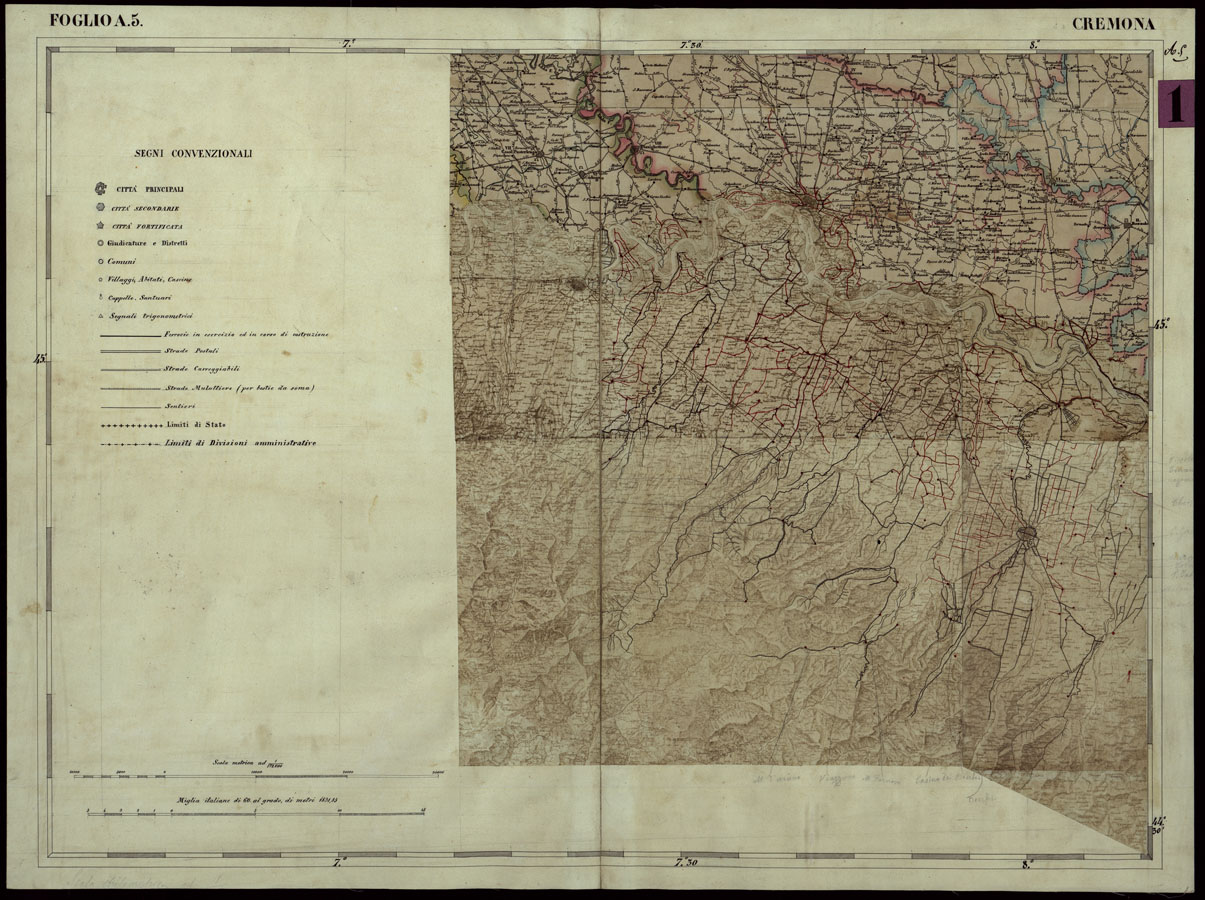 (N:107) CARTA COROGRAFICA DEI VERSANTI SETTENTRIONALI E MERIDIONALI DELLE ALPI RETICHE CARNICHE E GIULIE IN 25 FOGLI - FOGLIO A.5 CREMONA (SEGNI CONVENZIONALI) (CA004003) Carte e stampe antiche: riproduzione a colori su carta (formato A1)