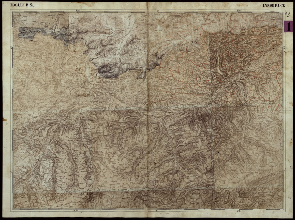 (N:109) CARTA COROGRAFICA DEI VERSANTI SETTENTRIONALI E MERIDIONALI DELLE ALPI RETICHE CARNICHE E GIULIE IN 25 FOGLI - FOGLIO B.2 INNSBRUCK (CA004005) Carte e stampe antiche: riproduzione a colori su carta (formato A1)